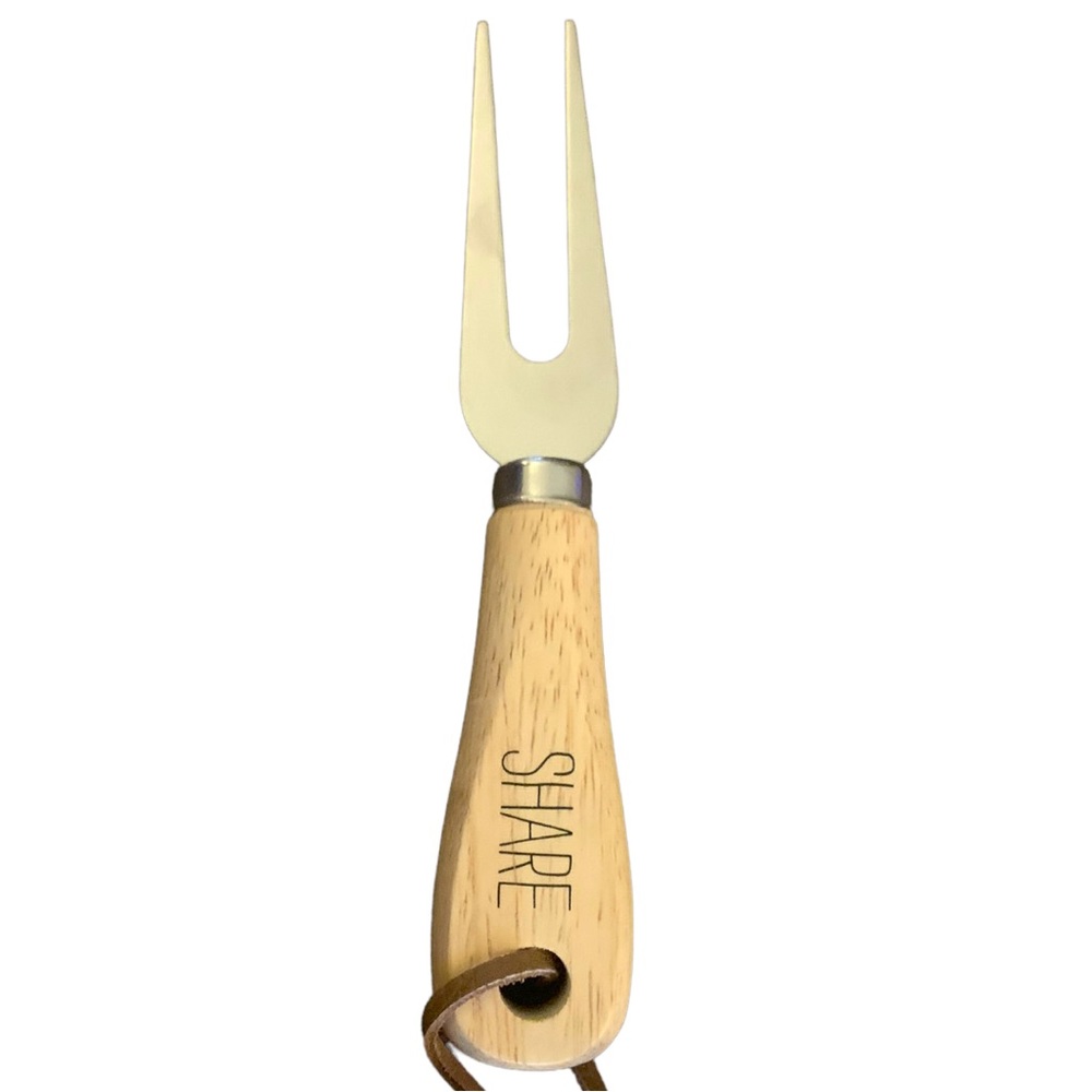Wood handled “Share” Cheese fork with silver Prongs & leather strap (NWT)